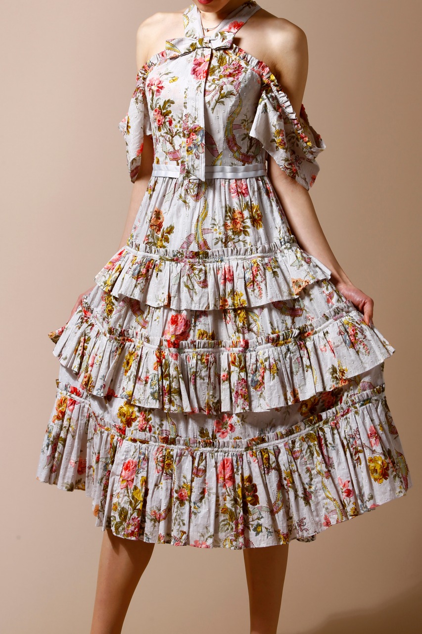 Needle&thread花柄プリント三段フリルフレアワンピース｜ハイブランド  