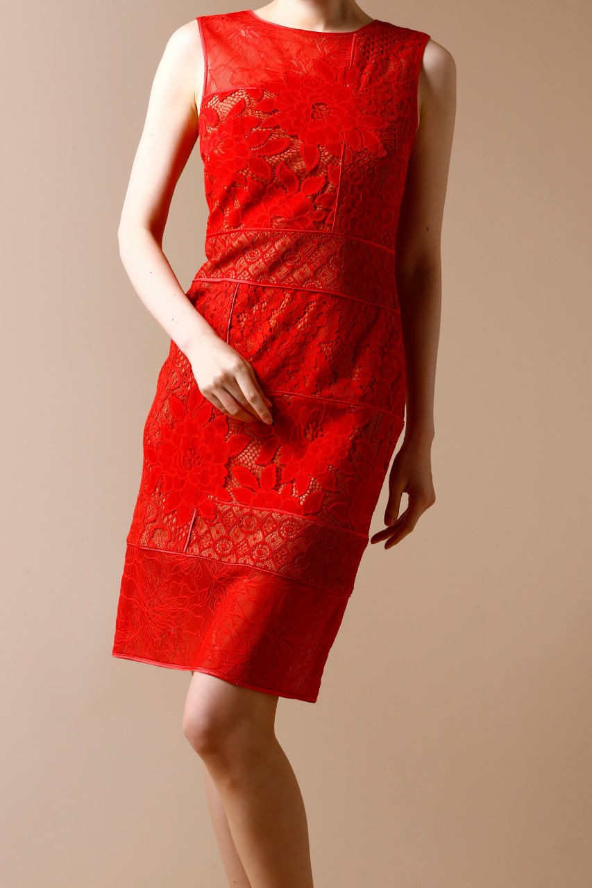 TADASHI SHOJI レッド花柄レースノースリーブミディアムドレス｜ハイ 