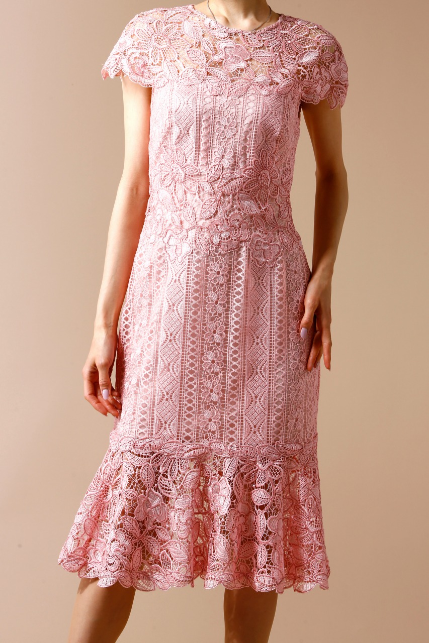 TADASHI SHOJI ピンク幾何学模様＆花柄レースミディアムドレス｜ハイ  