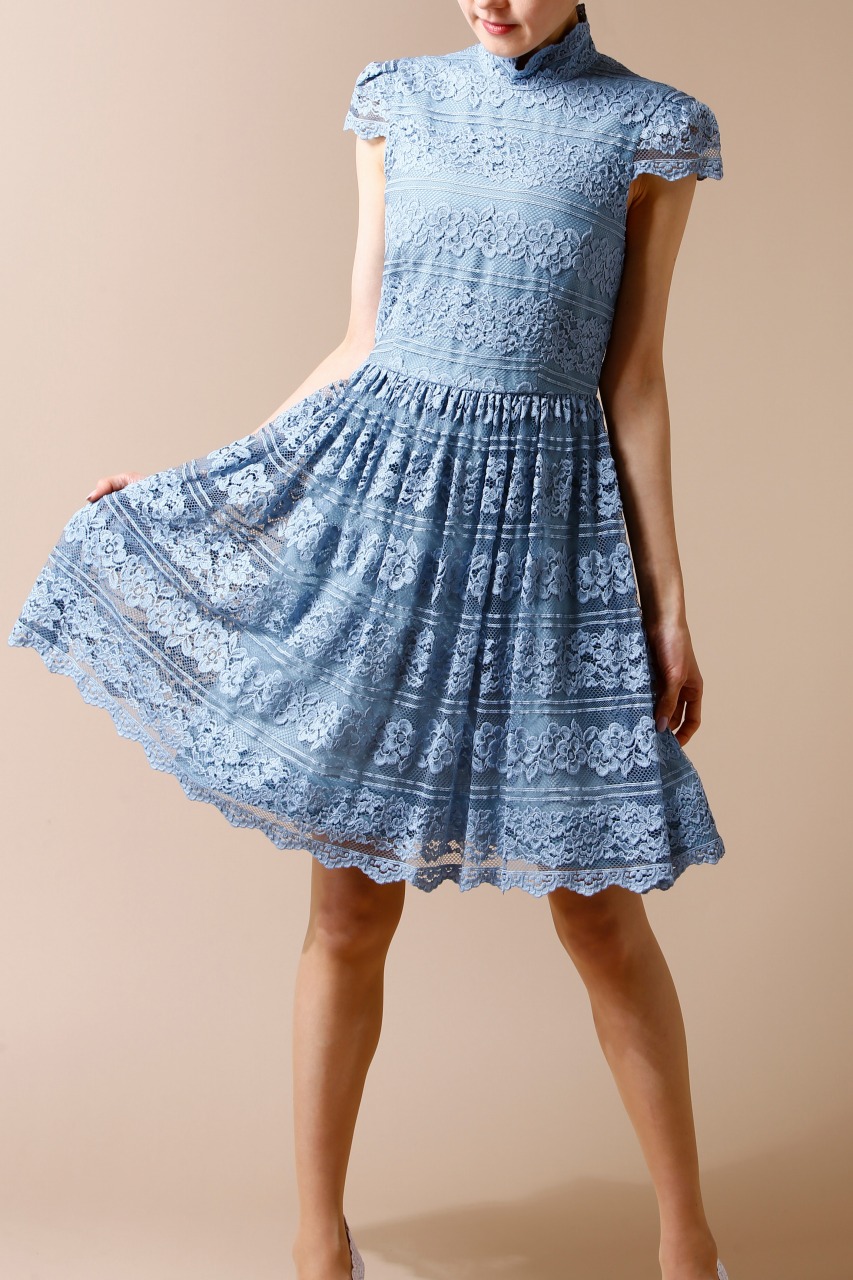 Alice+olivia 水色フレンチスリーブ花柄レース膝上丈フレアドレス  