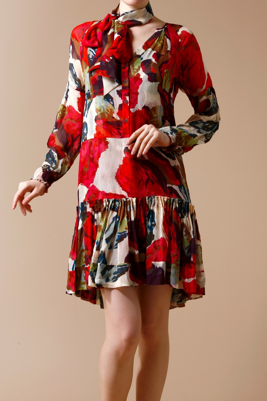 DIANE von FUSTENBERG シルク花柄ロングスリーブミニドレス スカーフ 